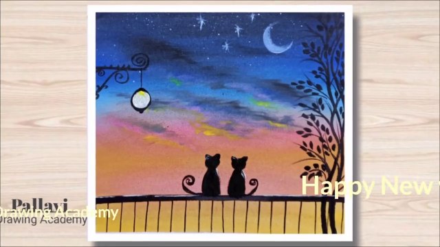 How to draw beautiful night painting with Cat and moon light __ Pallavi Drawing