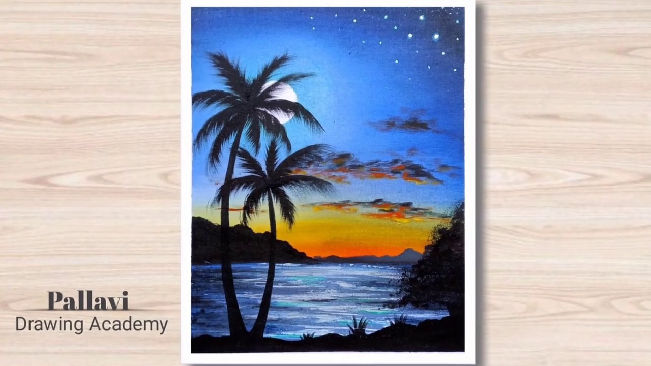 Easy way to draw beautiful night painting with coconut tree __ Pallavi Drawing A