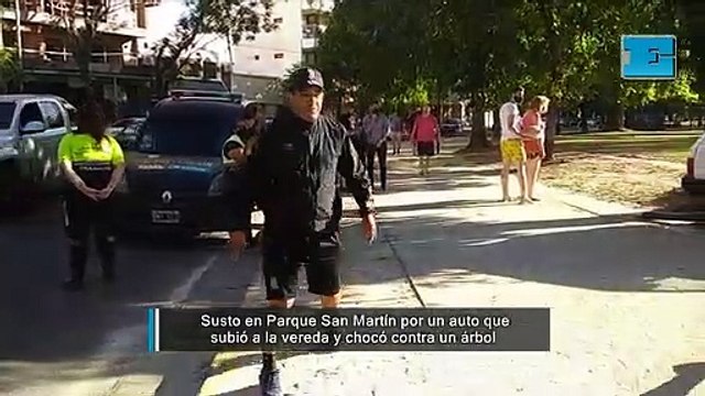 Susto en Parque San Martín por un auto que​​​​​​​ subió a la vereda y chocó contra un árbol