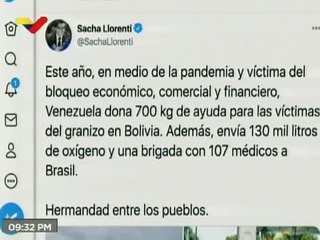 Sacha Llorenti agradece a Venezuela solidaridad con las víctimas del granizo en Bolivia