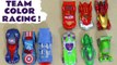 Team Color Hot Wheels Racing with Disney Cars McQueen versus Marvel Spiderman and DC Comics Batman in this Family Friendly Funny Funlings Race Full Episode English Toy Story Video for Kids from Toy Trains 4U