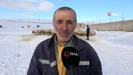 Sivaslı çoban, koyunların su içmesi için donan yalağın buzunu kürekle kırdı