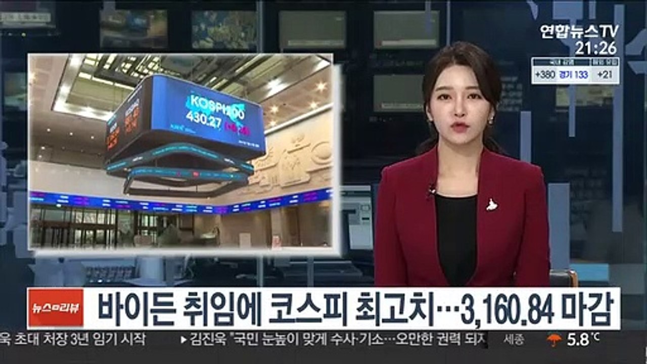 바이든 취임에 코스피 최고치 경신…3,160.84 마감