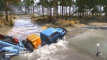Truck crosses rivers and highlands in the middle of forests