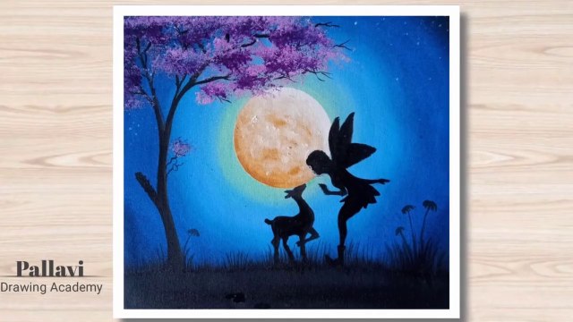 Easy way to draw beautiful moon light painting with fairy and deer __ Pallavi Dr