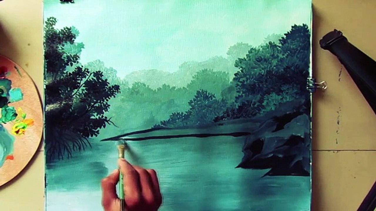 Beautiful River Nature Painting on canvas  Acry...