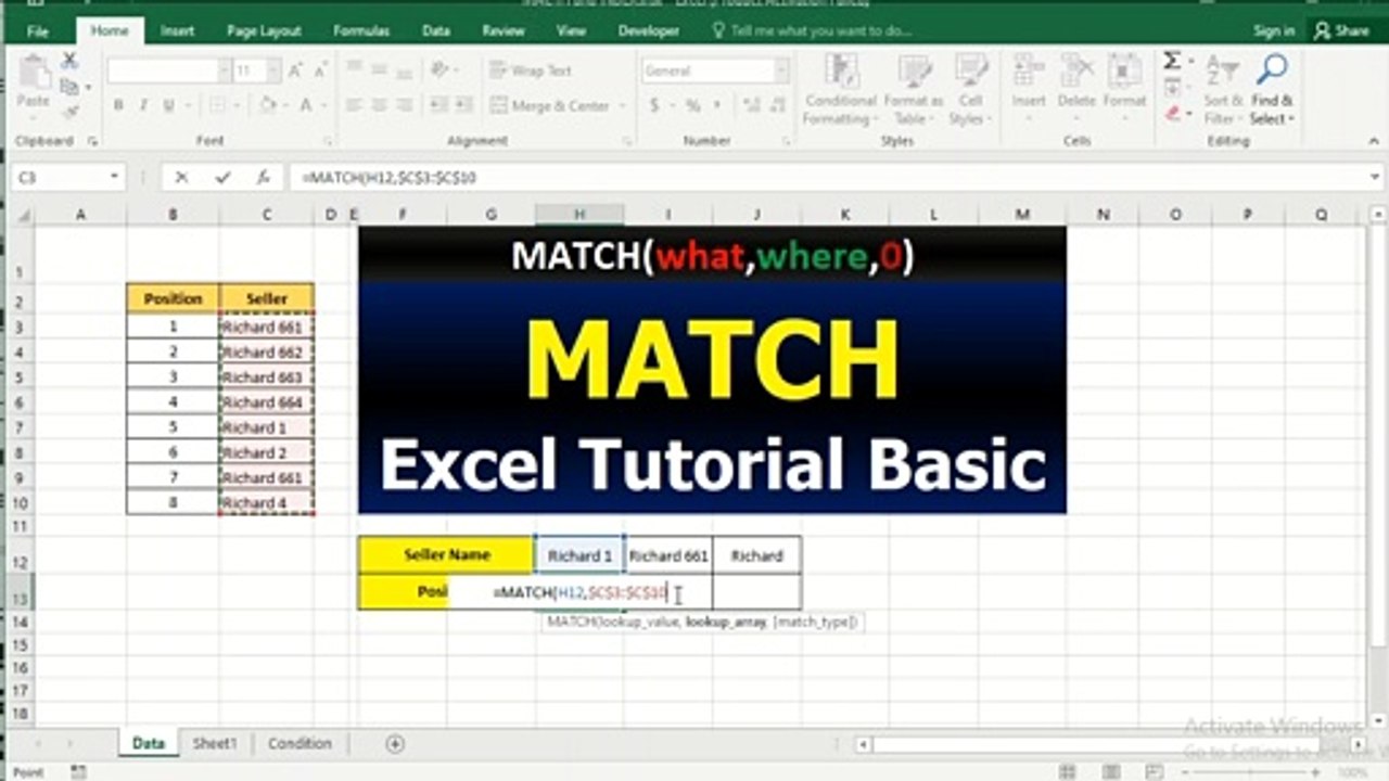 20. Excel Tutorial Basic - MATCH Function