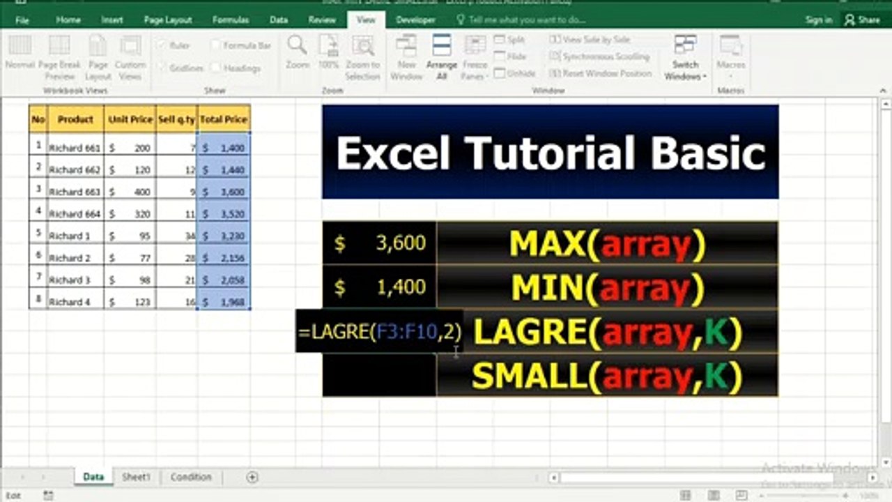 22. Excel Tutorial Basic - Function MAX - MIN - LARGE - SMALL