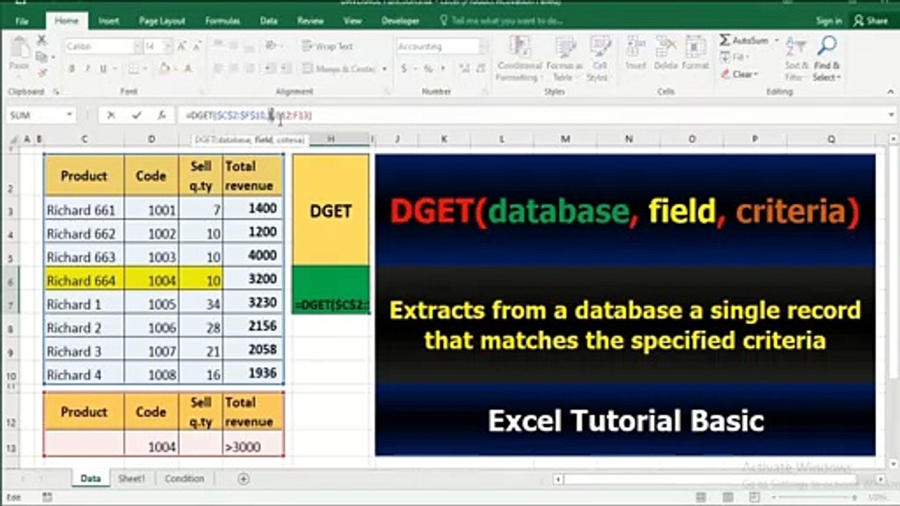 26. Excel Tutorial Basic - DGET Function - Trích Một Giá Trị Bất Kỳ Trong Bảng Thỏa Mãn Điều Kiện Chọn Trước