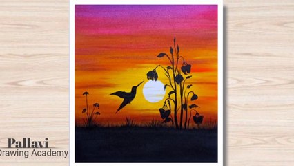 How to draw beautiful and easy sunset painting with Hummingbird __ Pallavi Drawi