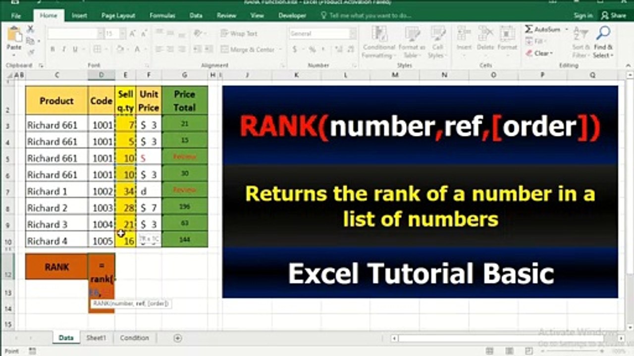 32. RANK Function - Trả về thứ hạng của số trong danh sách số - Excel Tutorial Basic