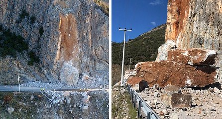 Heyelanda yolu kapatan dev kaya, 15 saatlik çalışmayla kırıldı