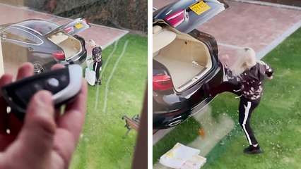 Il troll sa sœur avec le coffre de sa voiture