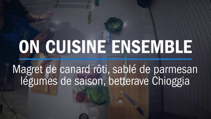Recette : magret de canard, sablé de parmesan, chiffonnade de betteraves Chiogga