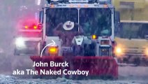 Naked Cowboy performs in Times Square blizzard