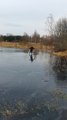 Man Ice Skating Finds Slim Spot in the Ice