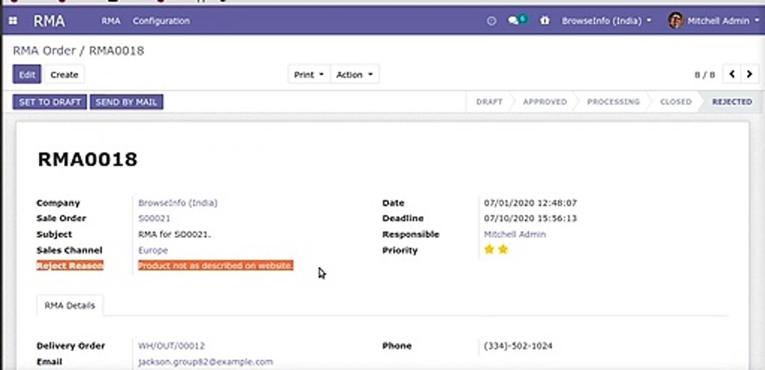 Automatically send SMS to Customer when RMA order is Approved | Odoo