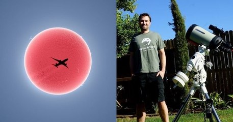 Il réalise le cliché parfait en immortalisant le passage d'un avion de ligne devant le soleil