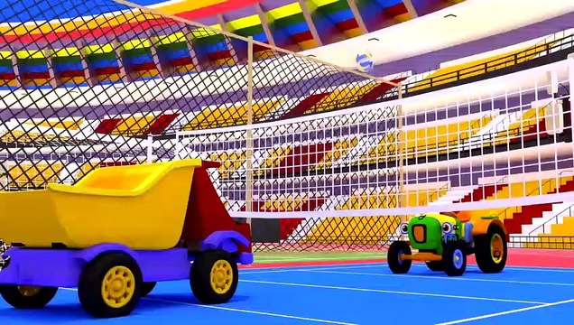 Грузовик Тема и Трактор Макс на стадионе. Машинки играют в мяч. Развивающие мультики для малышей.