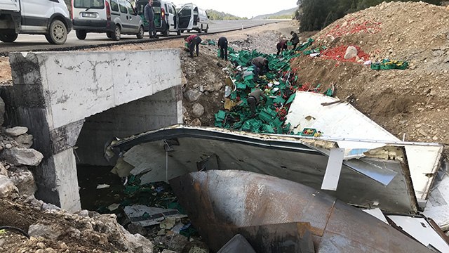 Devrilen TIR'dan yola saçılan sebze ve meyveyi kasalara koyup evlerine götürdüler