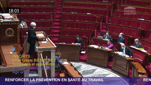 Gisèle BIEMOURET Intervention dans la DG de l'examen PPL pour renforcer la prévention en santé au travail.
