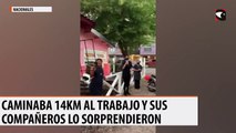 Caminaba 14km al trabajo y sus compañeros lo sorprendieron