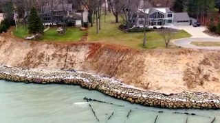 Powerful Water of Lake Michigan Erodes Riverfront Land and Breaks Houses on it
