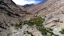 Hemis Gompa _ Ladakh flight over arid valley with willow, high altitude desert all around