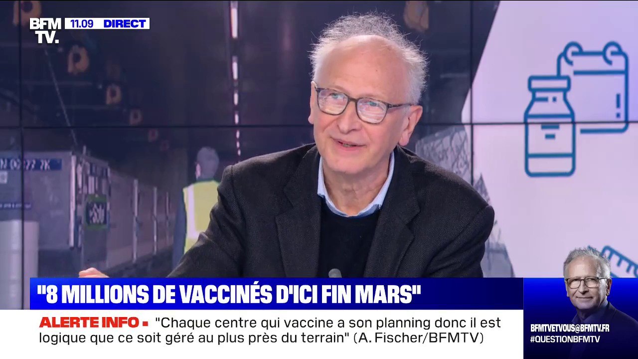 Alain Fischer: "Le prochain vaccin c'est Janssen, on espère qu'il pourra être disponible début avril" Le Pr Fischer répond à toutes vos questions sur BFMTV