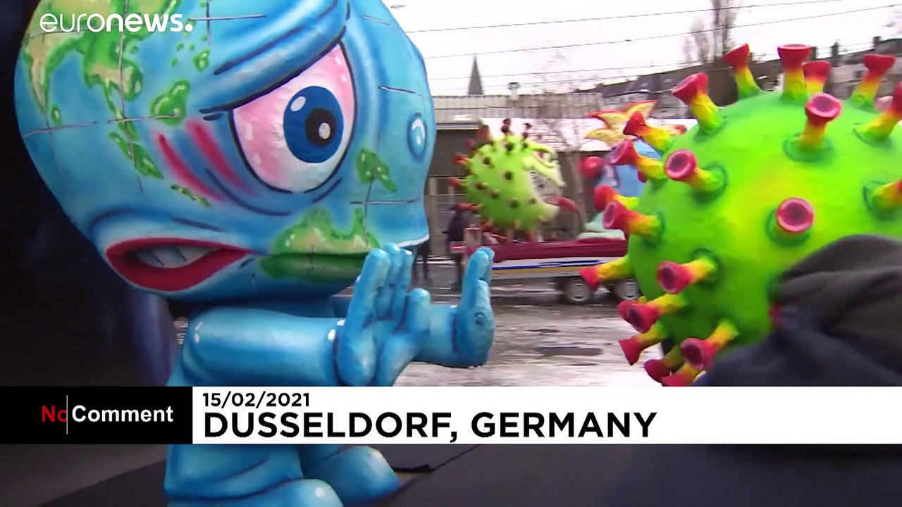 Carnival floats wheeled through Dusseldorf's quiet streets