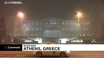 Ancient monuments covered by rare heavy snow in central Athens