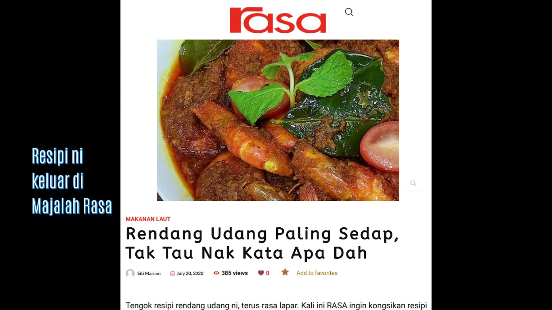 Resipi Rendang Udang Ni Ada Keluar Di Majalah Rasa Video Dailymotion