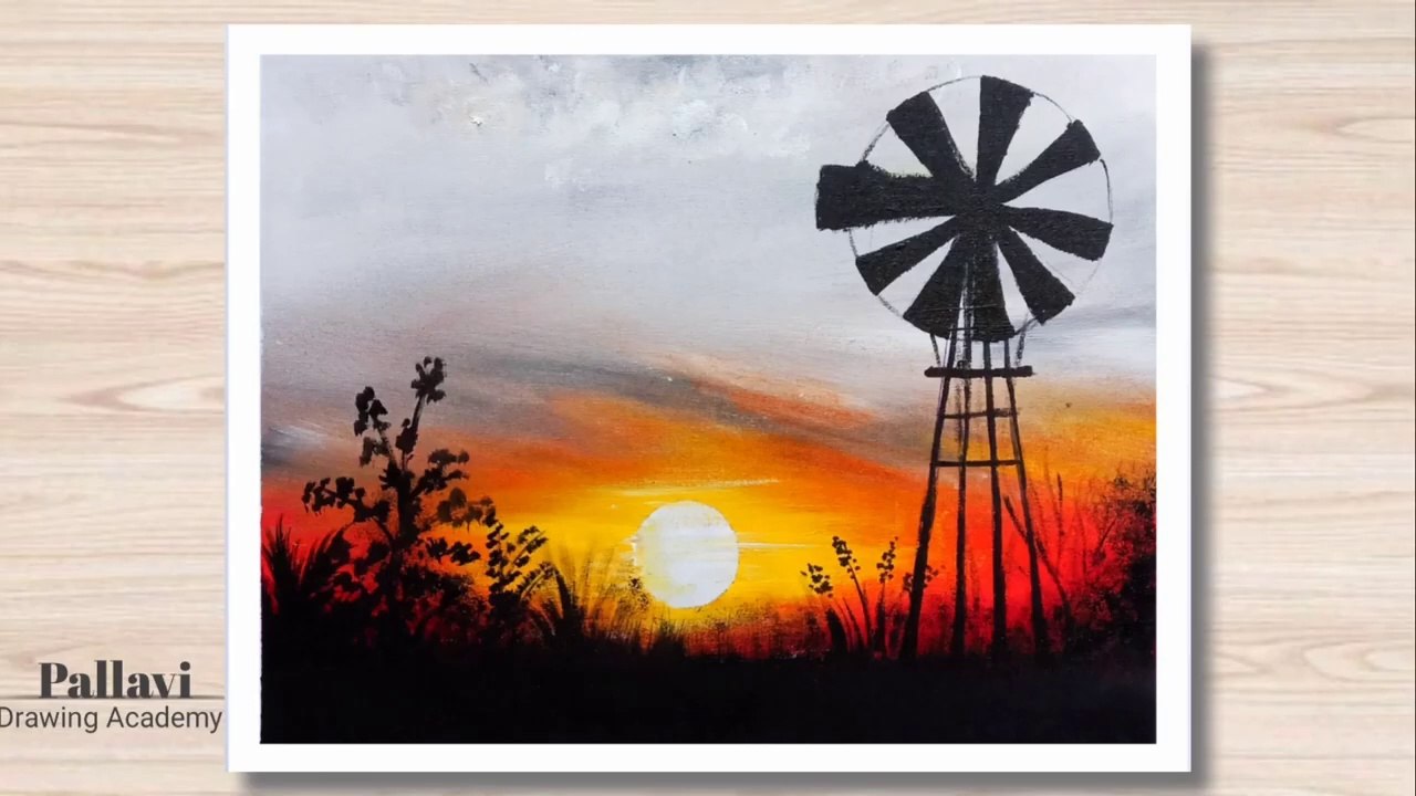How to draw beautiful and easy sunset painting with wind turbine __  Pallavi Drawing Academy __(720P_HD)