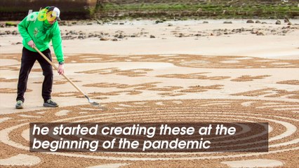 Man Draws Massive Messages in the Sand With Two Rakes, String and a Bamboo Stick