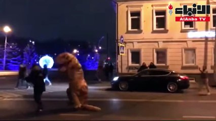 ديناصوران طريفان يرقصان وسط شارع في روسيا ويعيقان حركة المرور