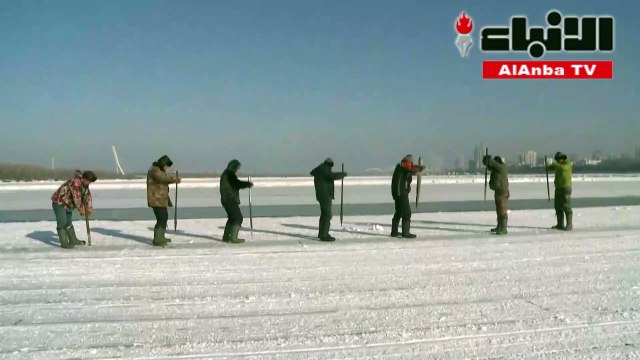 عمال يتحدون الصقيع لاستخراج مكعبات ستستخدم في أكبر مهرجان جليدي صيني