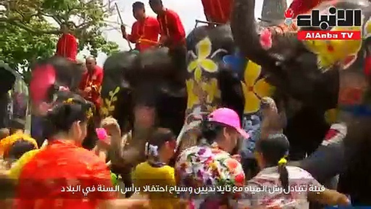 فيلة تتبادل رش المياه مع تايلانديين وسياح احتفا...