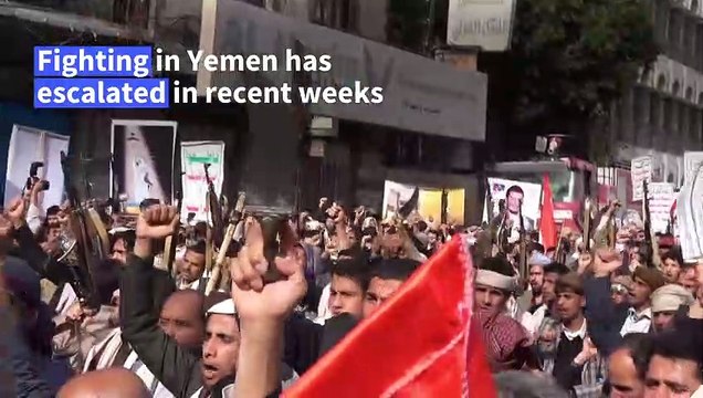 Huthi supporters protest against blockade of Saudi coalition