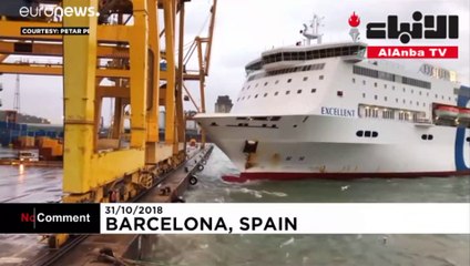 لحظة انهيار رافعة تسببت بحريق ضخم بميناء برشلونة