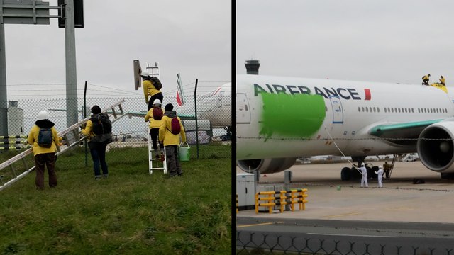 Des activistes de Greenpeace repeignent un avion en vert sur le tarmac de Roissy