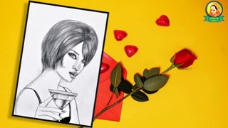 Girl with a Glass of Wine | A girl with beautiful hair Pencil Sketch drawing | How to draw a girl