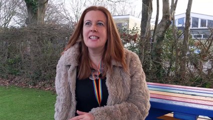 Headteacher Lindsay Rebbitt welcomes pupils at Mengham Infants back to school on March 8