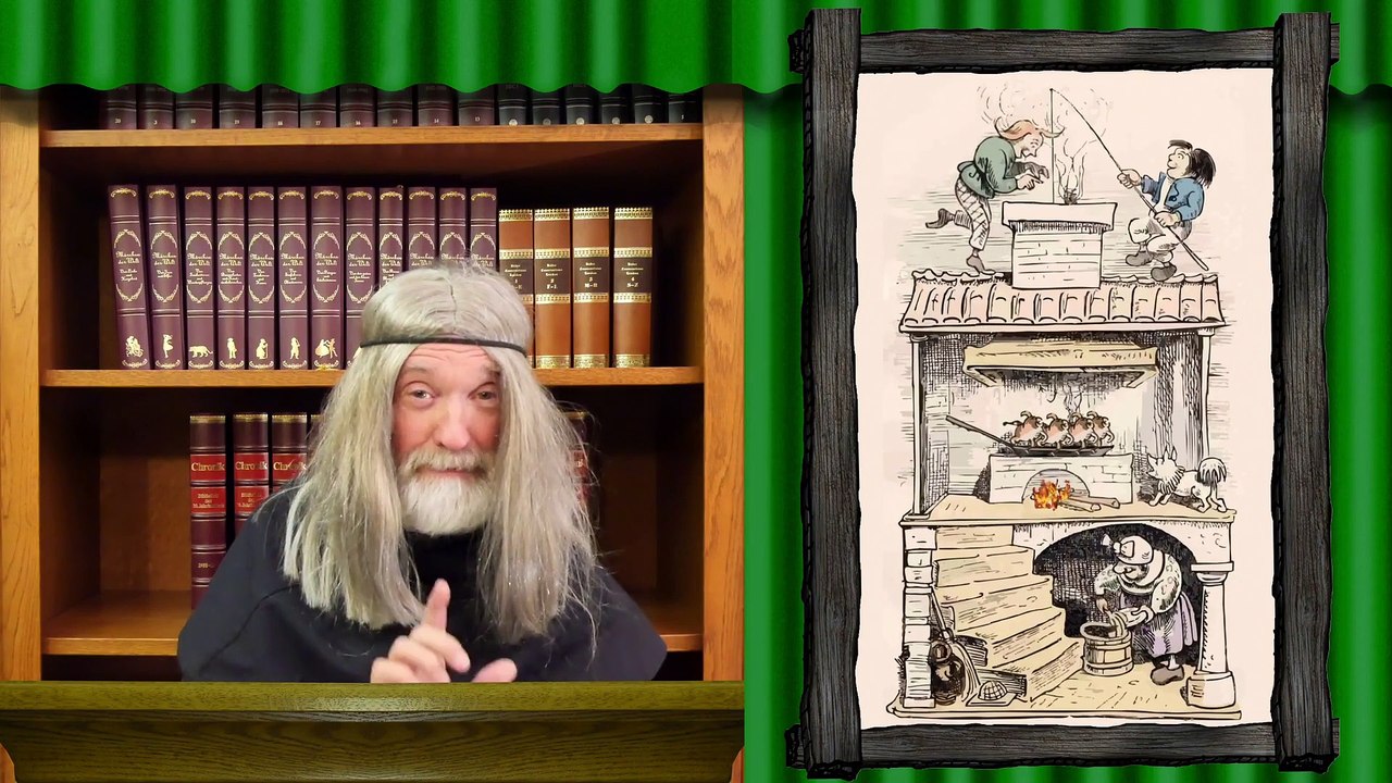 Max und Moritz 2.Streich Witwe Bolte Opa Zausel liest im Kinderbuch-Klassiker Wilhelm Busch