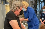 Stephen Fry receives his first dose of COVID-19 vaccine at Westminster Abbey