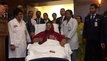 Eman Abdul Atti makes her first public appearance during a press conference at Burjeel Hospital in Abu Dhabi