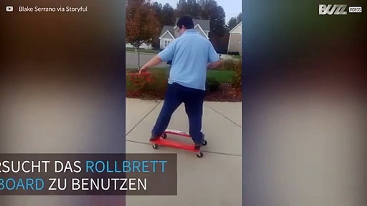 Mann auf improvisiertem Skateboard fliegt hin!