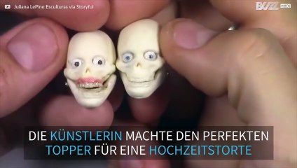 Künstler macht perfekte Mini-Skulptur von Brautpaar auf Kuchen