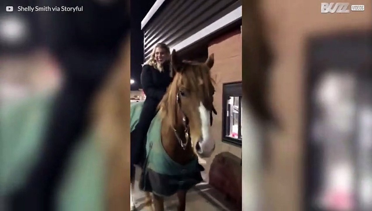 Frau bestellt Burger mit ihrem Pferd beim Drive-In Schalter