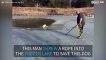 Smart dog bites onto rope to get free of frozen lake