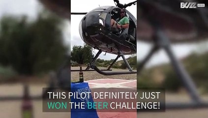 Pilot opens beer bottle with a helicopter
